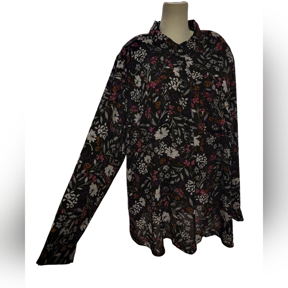 Lane Bryant Womens Size 18/20 Black Pink Gray Sheer Floral 1/2 Button Down Shirt